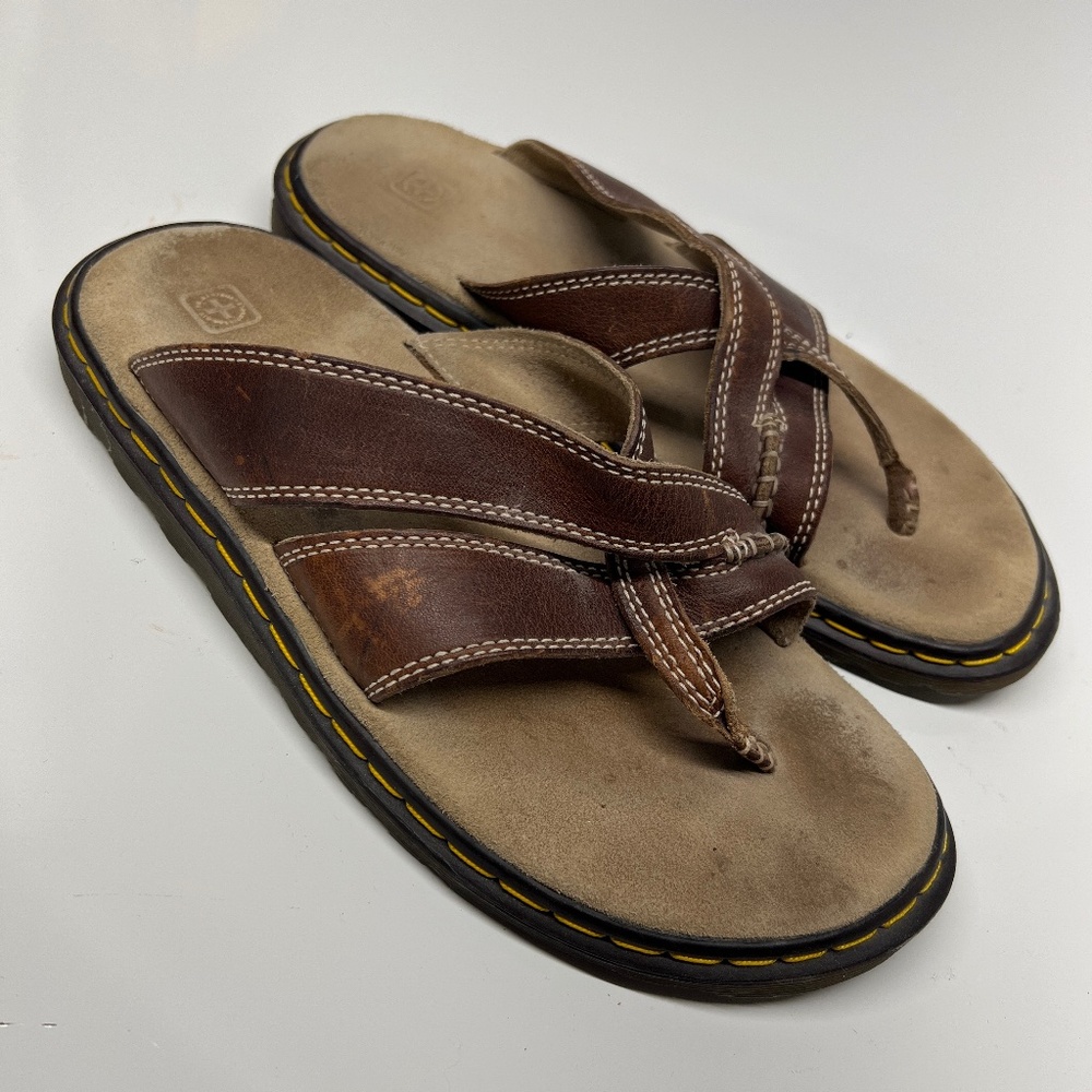 Dr. Martens Brown Leather Thong Sandals with Yellow Stitching